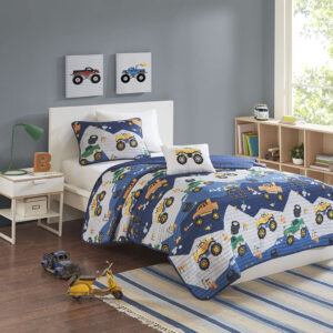 Nash Monster Truck Reversible Quilt Set with Throw Pillow in Blue From Mi Zone Kids