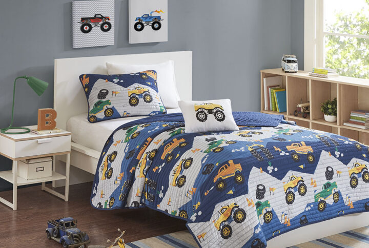 Nash Monster Truck Reversible Quilt Set with Throw Pillow in Blue From Mi Zone Kids