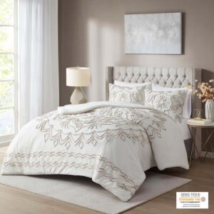 Violette 3 Piece Tufted Cotton Chenille Comforter Set in Ivory/Taupe From Madison Park