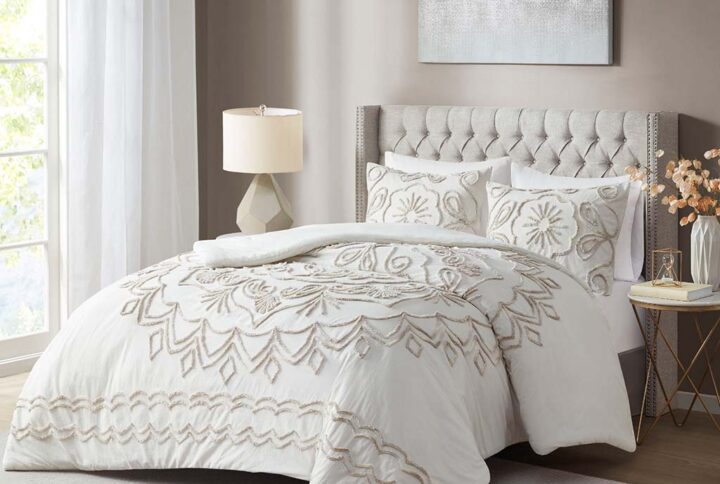 Violette 3 Piece Tufted Cotton Chenille Comforter Set in Ivory/Taupe From Madison Park