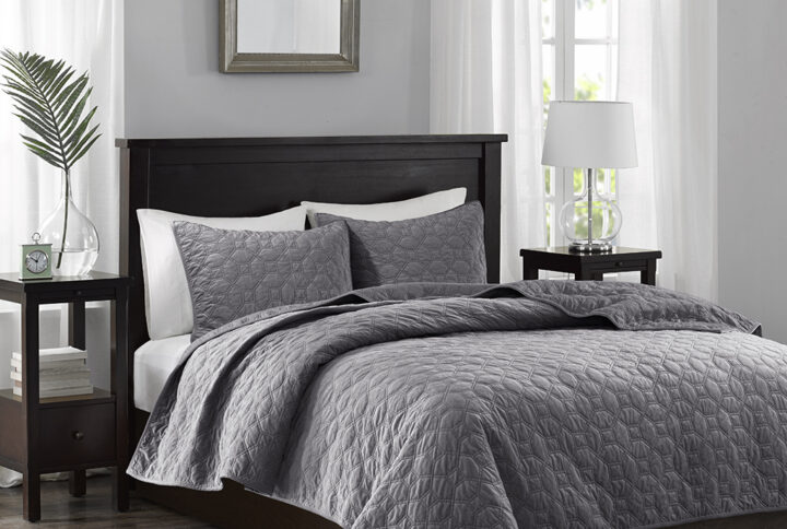 Harper 3 Piece Velvet Quilt Set in Grey From Madison Park