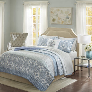 Sybil 8 Piece Quilt Set with Cotton Bed Sheets in Blue From Madison Park Essentials