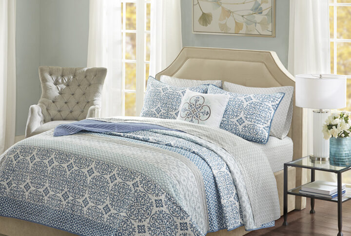 Sybil 8 Piece Quilt Set with Cotton Bed Sheets in Blue From Madison Park Essentials