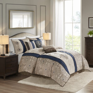 Donovan 7 Piece Jacquard Comforter Set with Throw Pillows in Navy From Madison Park