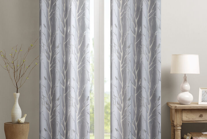 Averil Grommet Top Sheer Bird on Branches Burnout Window Curtain in Grey From Madison Park