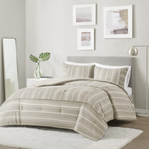 Kent 3 Piece Striped Herringbone Oversized Comforter Set in Taupe From Beautyrest