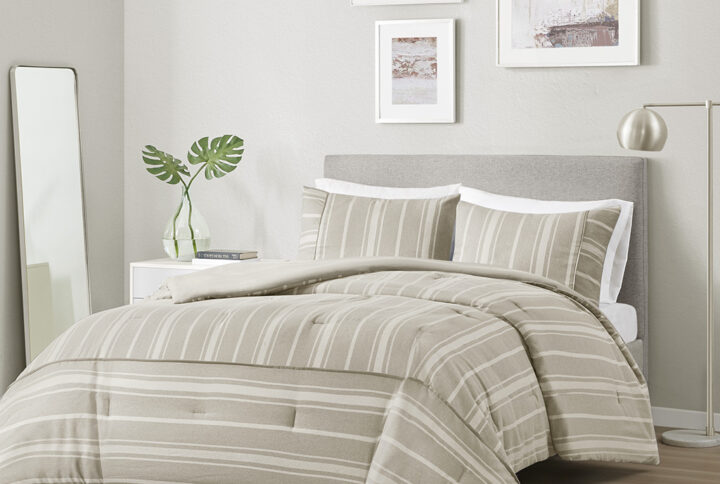 Kent 3 Piece Striped Herringbone Oversized Comforter Set in Taupe From Beautyrest