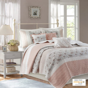 Dawn 6 Piece Cotton Percale Quilt Set with Throw Pillows in Blush From Madison Park