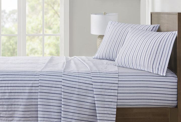 200 Thread Count Printed Cotton Sheet Set in Blue Stripe From Madison Park Essentials