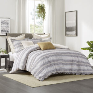 Oasis Oversized Chenille Jacquard Striped Comforter Set with Euro Shams and Throw Pillows in Charcoal From Madison Park Signature