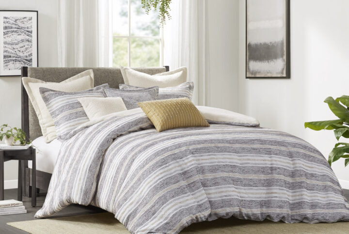 Oasis Oversized Chenille Jacquard Striped Comforter Set with Euro Shams and Throw Pillows in Charcoal From Madison Park Signature