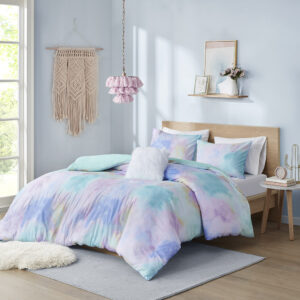 Cassiopeia Watercolor Tie Dye Printed Duvet Cover Set with Throw Pillow in Aqua From Intelligent Design