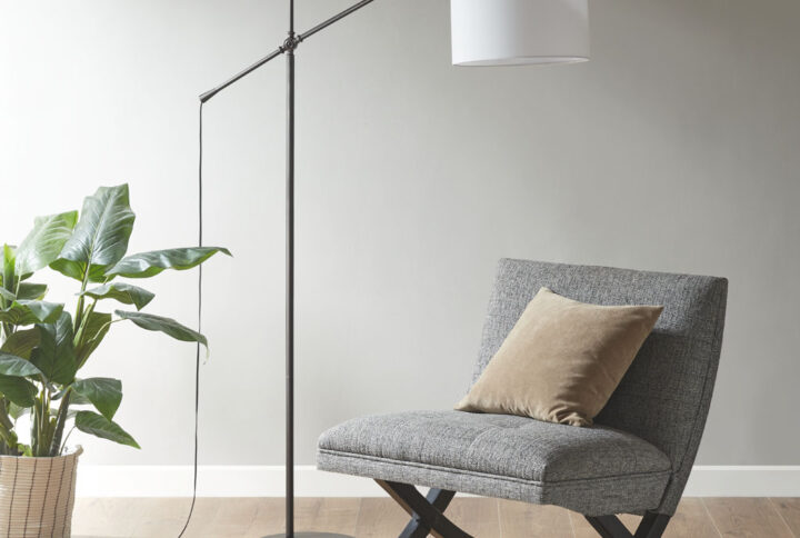 Keller Adjustable Arched Floor Lamp with Drum Shade in Oil Rubbed Bronze/Cream From INK+IVY