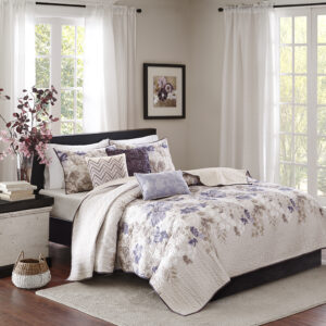 Luna 6 Piece Printed Quilt Set with Throw Pillows in Taupe From Madison Park