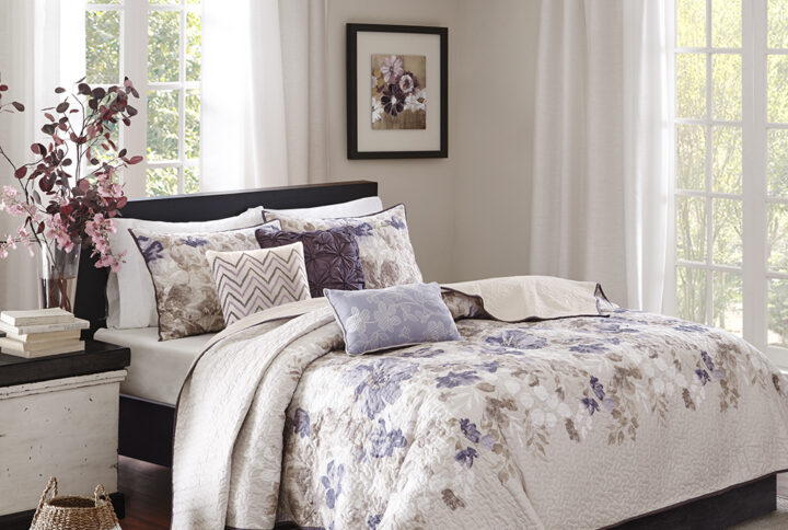 Luna 6 Piece Printed Quilt Set with Throw Pillows in Taupe From Madison Park