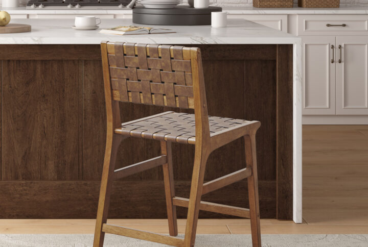 Oslo Faux Leather Woven Counter Stool 24"H in Brown From INK+IVY