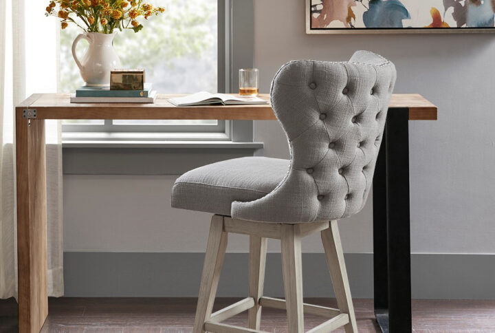 Hancock High Wingback Button Tufted Upholstered 27" Swivel Counter Stool with Nailhead Accent in Grey From Madison Park