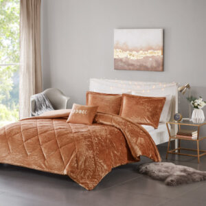 Felicia Velvet Duvet Cover Set with Throw Pillow in Rust From Intelligent Design