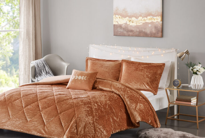 Felicia Velvet Duvet Cover Set with Throw Pillow in Rust From Intelligent Design