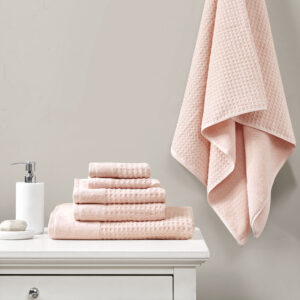 Spa Waffle Cotton Waffle Jacquard Antimicrobial Bath Towel 6 Piece Set in Pink From Madison Park