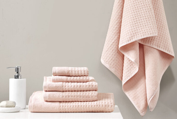 Spa Waffle Cotton Waffle Jacquard Antimicrobial Bath Towel 6 Piece Set in Pink From Madison Park