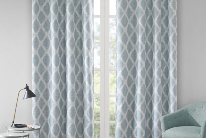 Blakesly Printed Ikat Blackout Curtain Panel in Aqua From SunSmart