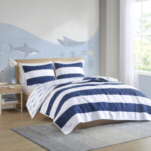 Sammie Cotton Cabana Stripe Reversible Quilt Set with Shark Reverse in Navy From Urban Habitat Kids