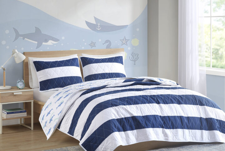 Sammie Cotton Cabana Stripe Reversible Quilt Set with Shark Reverse in Navy From Urban Habitat Kids