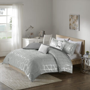 Raina Metallic Printed Duvet Cover Set in Grey/Silver From Intelligent Design