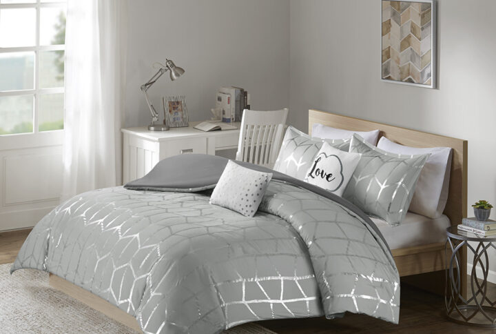 Raina Metallic Printed Duvet Cover Set in Grey/Silver From Intelligent Design