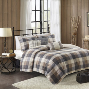 Ridge 6 Piece Printed Herringbone Quilt Set with Throw Pillows in Neutral From Madison Park