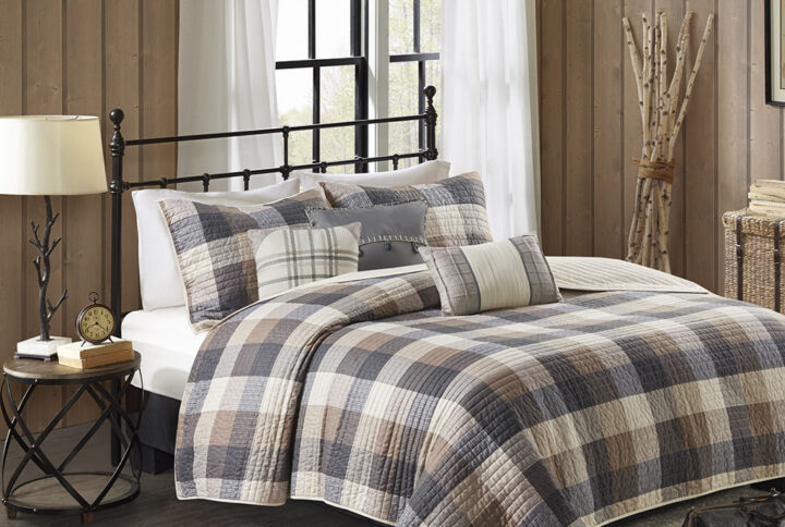 Ridge 6 Piece Printed Herringbone Quilt Set with Throw Pillows in Neutral From Madison Park