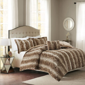 Zuri 4PC Faux Fur Comforter Set in Tan From Madison Park