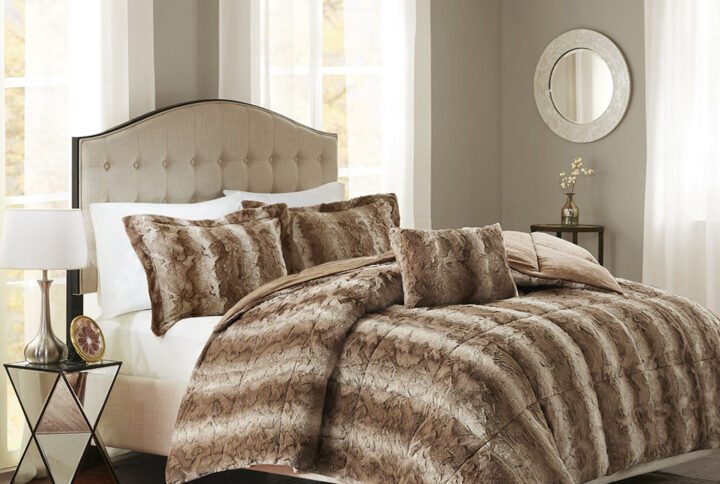 Zuri 4PC Faux Fur Comforter Set in Tan From Madison Park