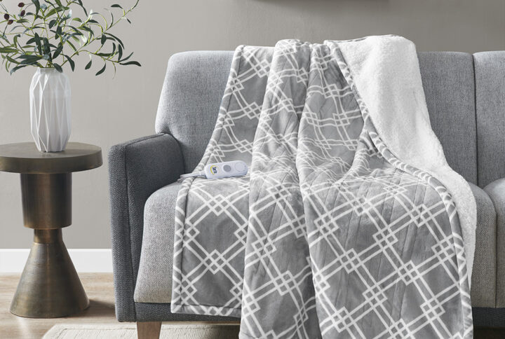 Printed Plush Heated Throw in Grey From Serta