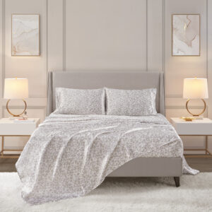 Printed Satin Sheet Set in Taupe Leopard From Madison Park Essentials