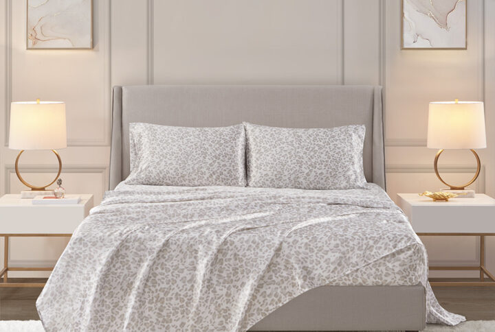 Printed Satin Sheet Set in Taupe Leopard From Madison Park Essentials