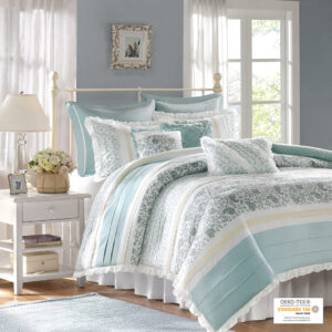 Dawn 9 Piece Cotton Percale Duvet Cover Set in Aqua From Madison Park