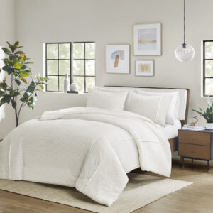 Apollo 3 Piece Striped Seersucker Oversized Duvet Cover Set in Ivory From Beautyrest