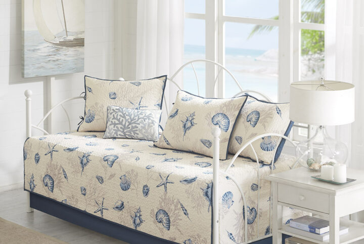 Bayside 6 Piece Reversible Printed Microfiber Daybed Cover Set in Blue From Madison Park