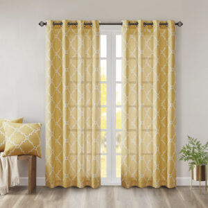 Saratoga Fretwork Print Grommet Top Window Curtain Panel in Yellow/White From Madison Park