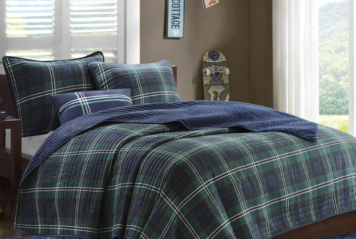 Brody Reversible Quilt Set with Throw Pillow in Blue From Mi Zone