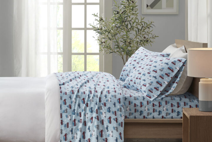 Cozy Flannel Printed Sheet Set in Blue Cars From True North by Sleep Philosophy