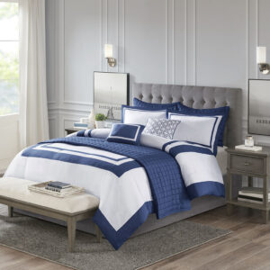 Heritage 8 Piece Comforter and Quilt Set Collection in Navy From Madison Park