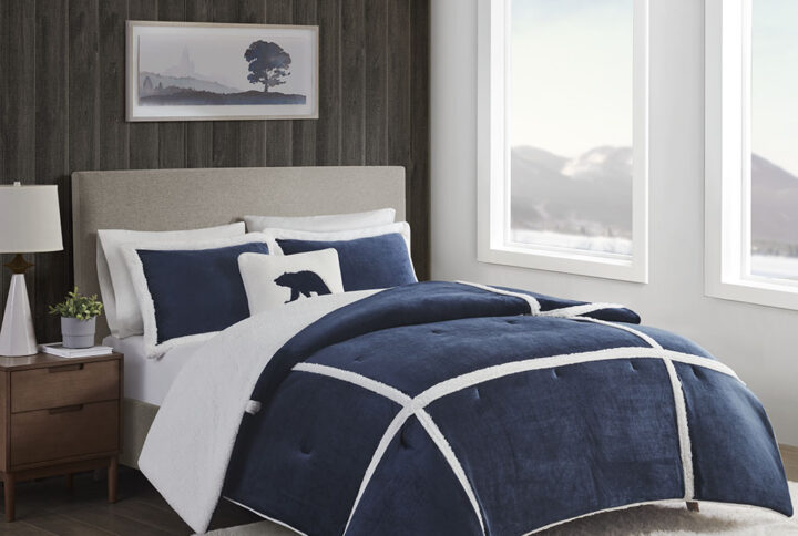 Orlen Plush to Sherpa Comforter Set in Navy From Woolrich