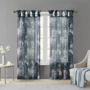 Simone Printed Floral Twist Tab Top Voile Sheer Curtain in Navy From Madison Park