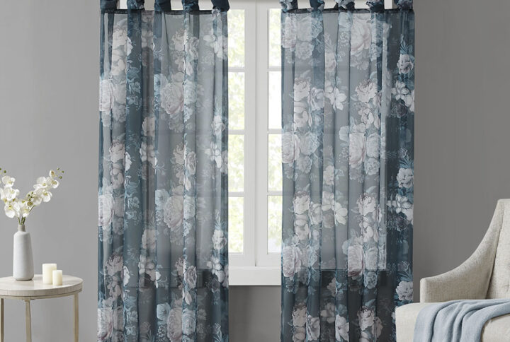 Simone Printed Floral Twist Tab Top Voile Sheer Curtain in Navy From Madison Park