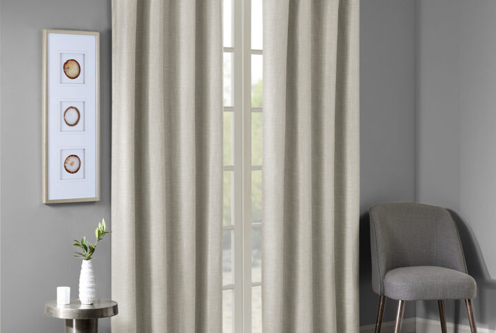 Maya Printed Heathered Blackout Grommet Top Curtain Panel in Taupe From SunSmart