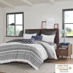 Mila 3 Piece Cotton Duvet Cover Set with Chenille Tufting in Gray From INK+IVY