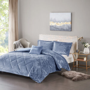 Felicia Velvet Duvet Cover Set with Throw Pillow in Blue From Intelligent Design